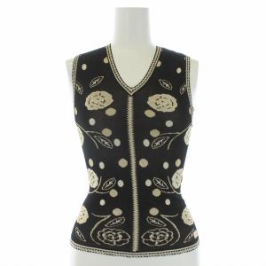 ヴィンテージ 02P タンクトップ ニット セーター ノースリーブ 花柄 カメリア 36 S 黒 ブラック