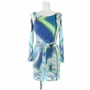 タイトワンピース ミニ ベルト 総柄 七分袖 I40 M グリーン ブルー