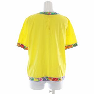 LEONARD FASHION カットソー Tシャツ 半袖 クルーネック バックジップ 花柄 L 黄色 イエロー マルチカラー