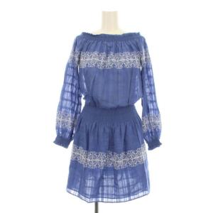 チュニック ワンピース ミニ フレア ギャザー 刺繍 長袖 ボートネック オフショルダー XS 青 ブルー