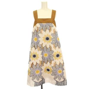 ワンピース ノースリーブ 花柄 刺繍 ひざ丈 0 S 茶 ブラウン 白 ホワイト