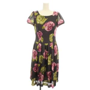 ワンピース フレア ひざ丈 花柄 半袖 サテン 38 M グレージュ