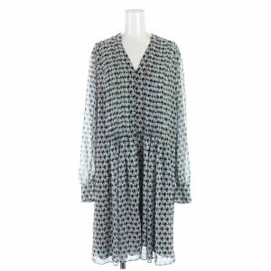 フレアワンピース ひざ丈 Vネック 総柄 長袖 2 M 水色