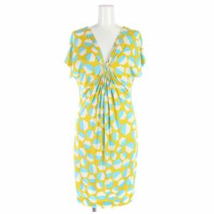 タイトワンピース ひざ丈 シルク 総柄 フレンチスリーブ 0 S 黄色 イエロー