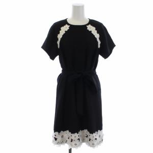 ワンピース ひざ丈 半袖 リボン レース 花柄 2 M 黒 ブラック