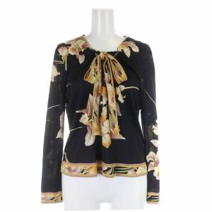 FASHION カットソー ウール シルク混 花柄 リボン 長袖 L ブラック オレンジ