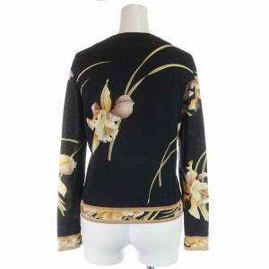 LEONARD FASHION カットソー ウール シルク混 花柄 リボン 長袖 L ブラック オレンジ