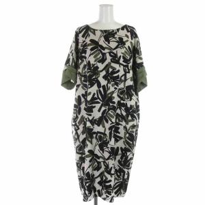 ストレートワンピース ミモレ ロング 総柄 五分袖 XL カーキ ブラック