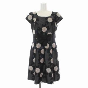 カメリアプリント ワンピース ひざ丈 花柄 半袖 38 M 黒 ブラック