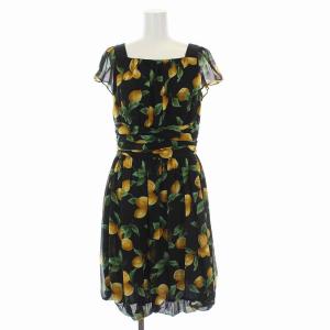 ワンピース フレア ひざ丈 レモン柄 総柄 フレンチスリーブ スクエアネック バルーンスカート 38 M 黒 ブラック 黄色