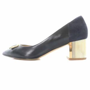 TORY BURCH パンプス レザー スエード 切替 ポインテッドトゥ チャンキーヒール 6.5M 23.5cm ネイビー