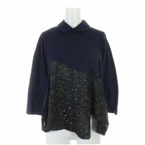 カットソー チュニック ラウンドカラー 丸襟 コットン カットワーク 切替 七分袖 S 紺 ネイビー 黒 ブラック