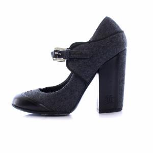 CHANEL 08A2 ウール レザー ココマーク ハイヒール チャンキーヒール ストラップ 35.5C グレー