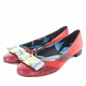 パンプス レザー ラウンドトゥ ローヒール ヴァラ 総柄 6.5D 24cm 赤 レッド