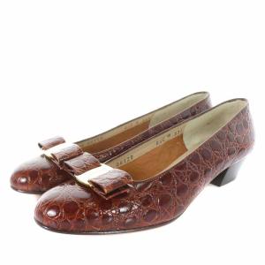 Salvatore Ferragamo BOUTIQUE パンプス レザー チャンキーヒール ローヒール クロコ型押し 6.5C ボルドー