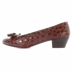 Salvatore Ferragamo BOUTIQUE パンプス レザー チャンキーヒール ローヒール クロコ型押し 6.5C ボルドー