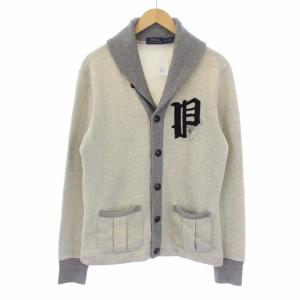 ショールカラー スウェットカーディガン 長袖 ワッペン プリント 裏起毛 S グレー