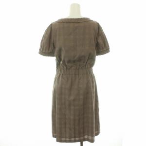 OLD ENGLAND ワンピース ひざ丈 半袖 チェック柄 リボン 絹 シルク 36 S 茶 ブラウン