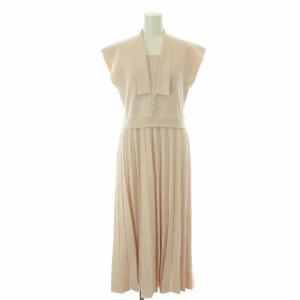 22SS 襟付きプリーツニットワンピース ロング ノースリーブ 38 ピンク ホワイト