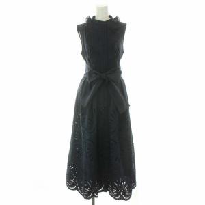 22SS フロントデザインカットワークシャツワンピース ロング ノースリーブ リボンベルト レース 総柄 1 S ネイビー