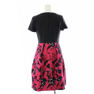 ANAYI フレアワンピース タック ひざ丈 半袖 バックジップ 花柄 36 S 黒 ブラック 赤 レッド