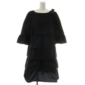 21年 ワンピース ひざ丈 リボン ティアード 7分袖 38 M 黒 ブラック