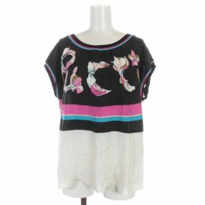 カットソー プルオーバー シルク コットン 切替 花柄 フレンチスリーブ S 黒 ブラック ピンク 白 ホワイト