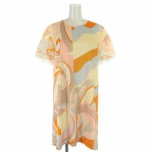 フレアワンピース ひざ丈 コットン フリンジ 刺繍 プッチ柄 半袖 M オレンジ