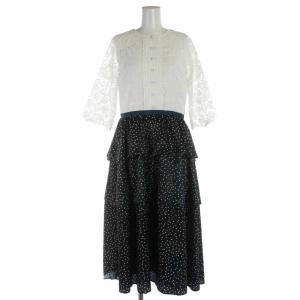 21SS ドッキングワンピース フレアワンピース ロング レース ドット 水玉 切替 シアー シースルー 七分袖 1 S 白