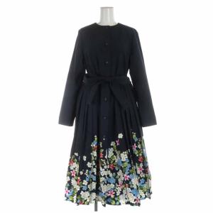 21SS フラワープリーツコートワンピース ロングコート 花柄 リボン 長袖 0 ネイビー