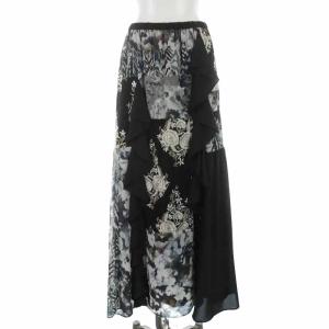 フレアスカート ロング マキシ パッチワーク 切替 フリル 刺繍 36 ブラック