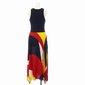 POLO RALPH LAUREN ワンピース ロング ノースリーブ リブ 切替 プリーツスカート 総柄 2 M 紺 ネイビー赤 黄色