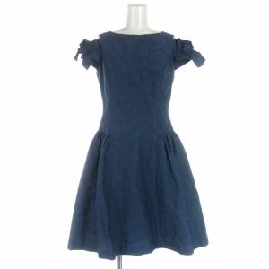 フレアワンピース ひざ丈 リボンジャガード フレンチスリーブ 36 S 紺 ネイビー