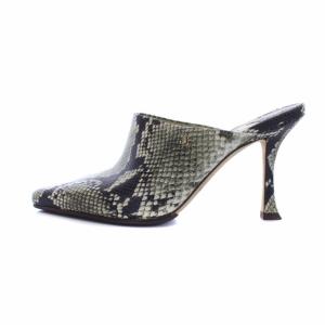 サンダル ミュール ハイヒール ポインテッドトゥ パイソン 型押し レザー 36 カーキ ブラウン