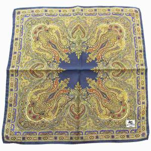 ETRO スカーフ ハンカチ ポケットチーフ 総柄 シルク100％ イエロー ネイビー
