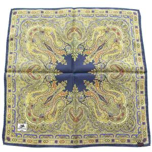 ETRO スカーフ ハンカチ ポケットチーフ 総柄 シルク100％ イエロー ネイビー