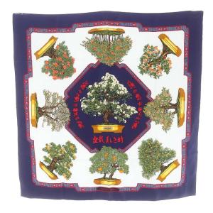カレ90 盆栽 美しき時 スカーフ ネイビー