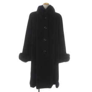 ファーカラーコート ロング シングルボタン アンゴラ ウール混 フォックスファー 9 ブラック