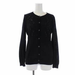 ニットカーディガン 長袖 花柄 刺繍 スパンコール ウール シルク 42 M 黒 ブラック