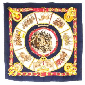 カレ90 CHEVAUX DE TRAIT 輓馬 スカーフ シルク 総柄 ネイビー