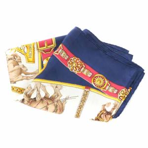 HERMES カレ90 CHEVAUX DE TRAIT 輓馬 スカーフ シルク 総柄 ネイビー