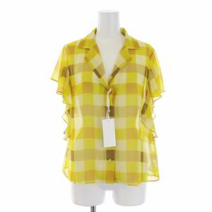 19SS チェックフリルブラウス シャツ 半袖 オープンカラー 36 S 黄 イエロー