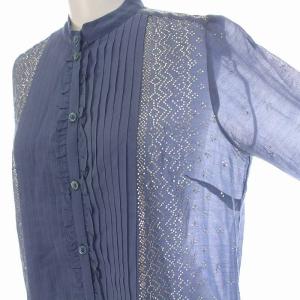 Chloe セットアップ 上下 シアー ノーカラーシャツ 長袖 フレア スカート ひざ丈 ビジュー フリル シルク混 T36 T34 S