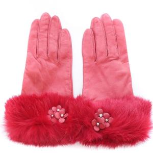 手袋 レザー ラビットファー 花モチーフ レッド