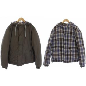 リバーシブル ダウンジャケット フード ジップアップ チェック柄 L カーキ
