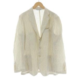 テーラードジャケット シングル 段返り3B ストライプ 麻 リネン 52 XL アイボリー 茶色 ブラウン