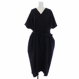 PEツイルストレッチスリットボートドレス ワンピース ロング 半袖 Vネック 38 ネイビー