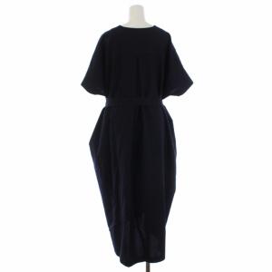 ENFOLD PEツイルストレッチスリットボートドレス ワンピース ロング 半袖 Vネック 38 ネイビー
