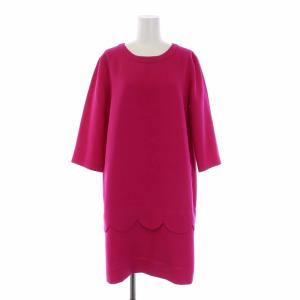 ひざ丈ワンピース 七分袖 スカラップ クルーネック 4 ピンク