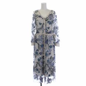 21SS チュールフラワー刺繍ドレス リボン シアー S ブルー